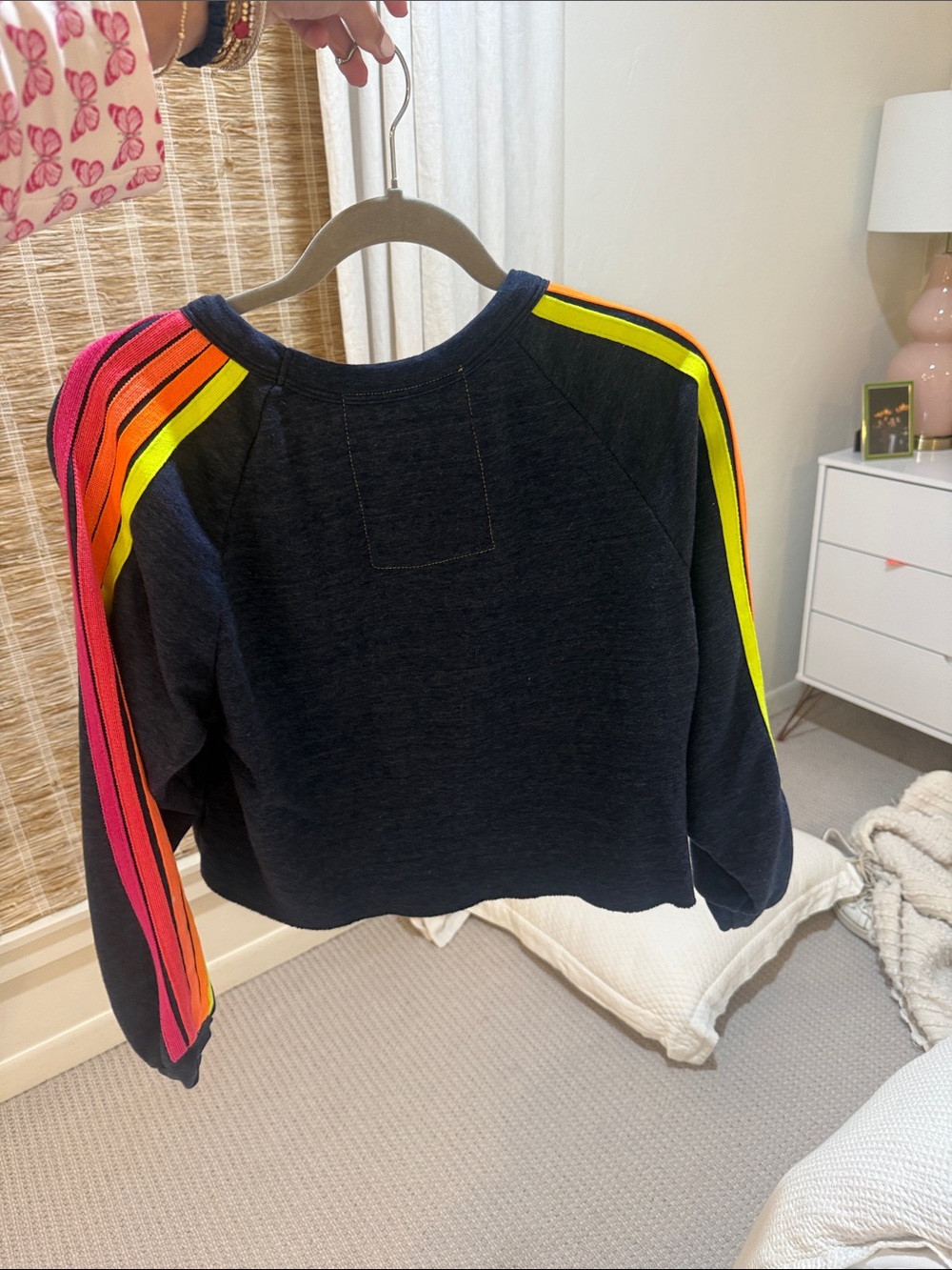 Aviator Nation Navy Sweatshirt with Neon Pink & Orange Stripe Accents - Picture 2 of 4